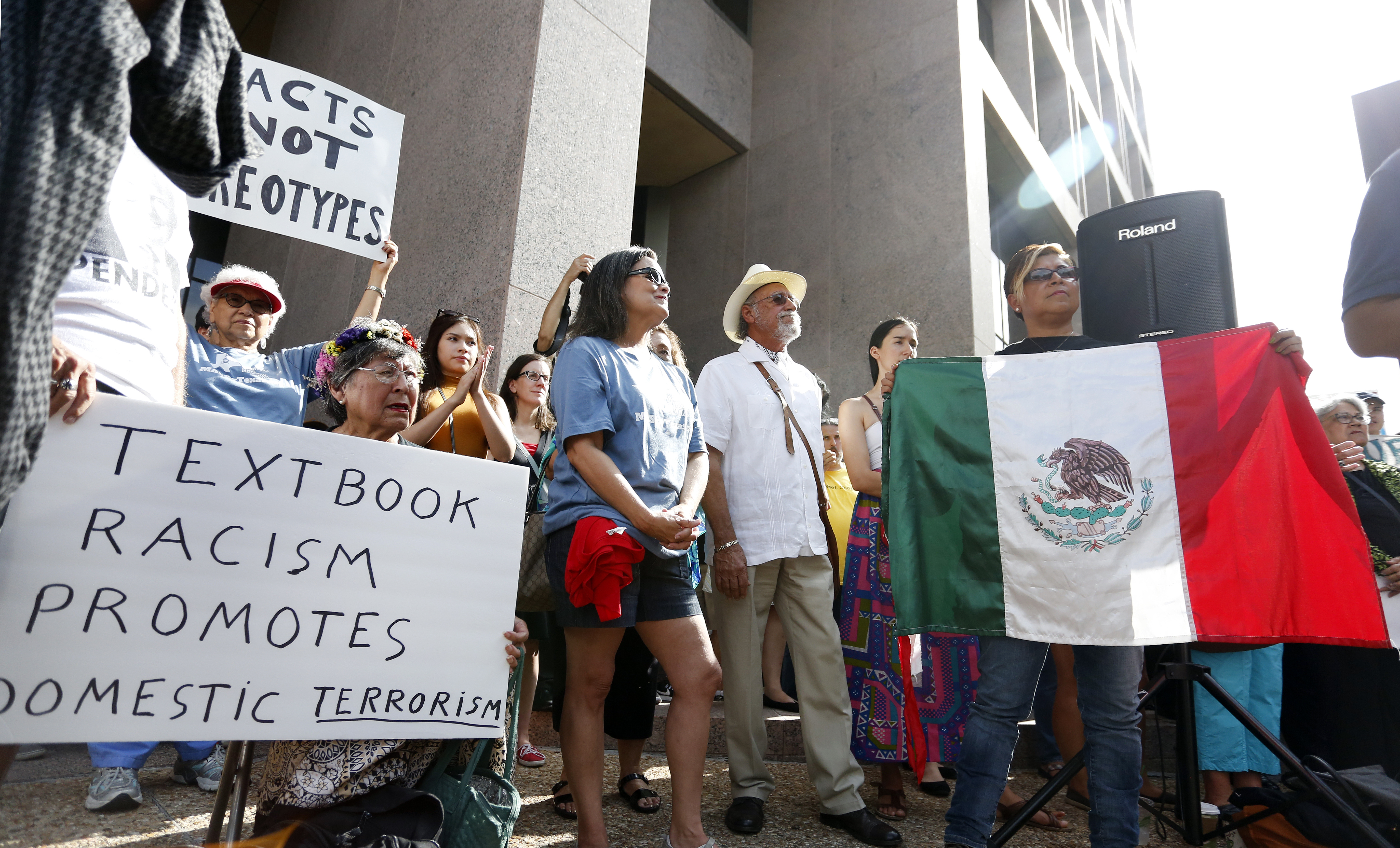 The Responsible Ethnic Studies Textbook Coalition holds a rally to call on the Texas State Board of Education to reject a proposed Mexican-American studies textbook that scholars and experts have said is deeply offensive. 
