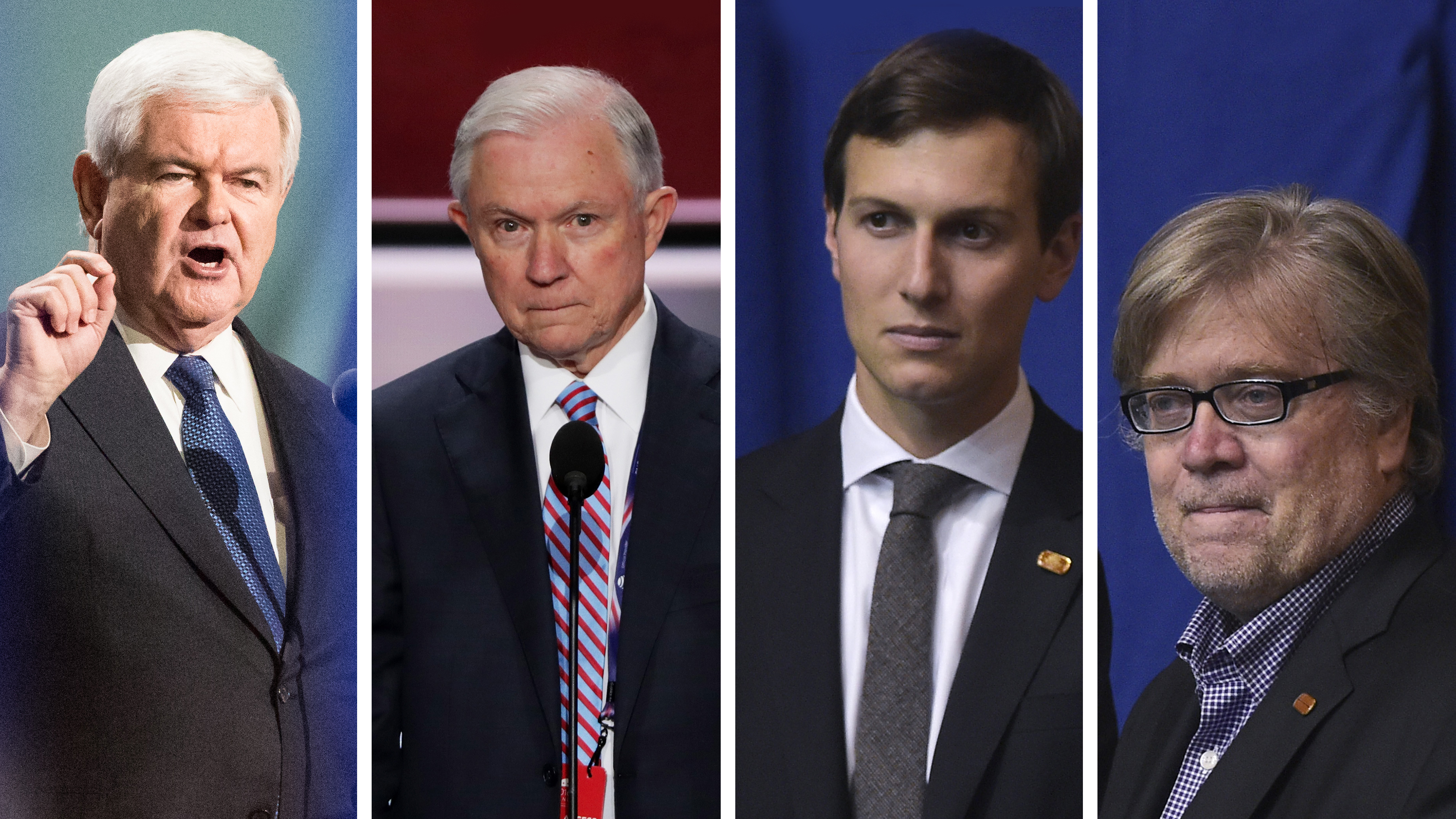 Former House Speaker Newt Gingrich, Sen. Jeff Sessions of Alabama, Trump's son-in-law Jared Kushner, and Trump campaign CEO Stephen Bannon have all been mentioned as possibilities for major roles in the president-elect's administration. L: Alex Wong, Brett Carlsen, Mandel Ngan/Getty Images