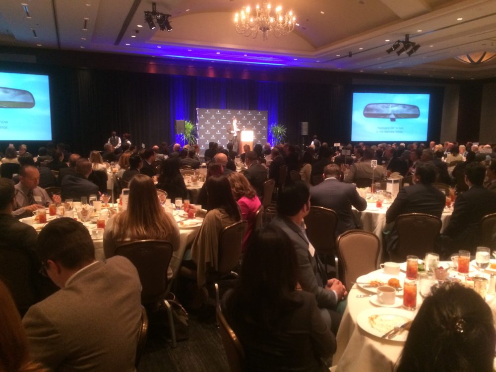 Patrick Jankowski reveals the Greater Houston Partnership's 2017 employment forecast during a luncheon at the Royal Sonesta hotel in the Galleria area.