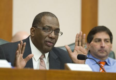 Sen. Royce West, D-Dallas, grills CPRIT officials in the Senate Finance Committee on Feb. 5, 2013.