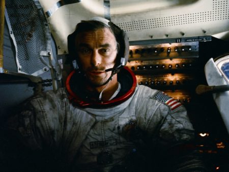 Gene Cernan in the Apollo 17 lunar module after one of three moonwalks.