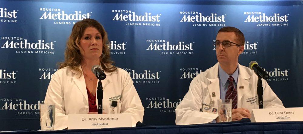 Houston Methodist Hospital Doctors Amy Mynderse (L) & Clint Doerr update the conditions of former President George H.W.  Bush and Barbara Bush.