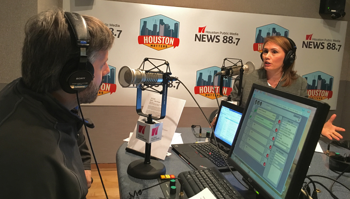 Guest host Ernie Manouse (L) talks with Lindita Camaj, journalism professor at the University of Houston. (Photo: Michael Hagerty, Houston Public Media)