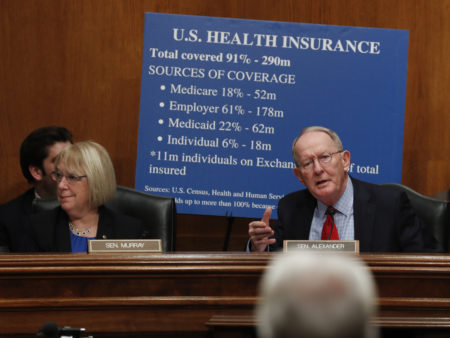 Sen. Lamar Alexander, R-Tenn., seen here with Sen. Patty Murray, D-Wash., at a Jan. 18 hearing of the Senate Health, Education, Labor and Pensions Committee, says he'd like to see the individual insurance market fixed before repealing Obamacare.