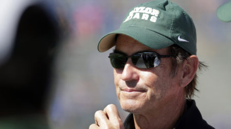 In this Oct. 10, 2015, photo, Baylor head coach Art Briles watches during the second half of an NCAA college football game against Kansas in Lawrence, Kan.