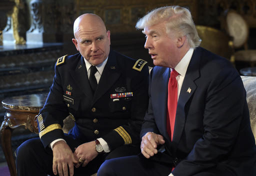 President Donald Trump, right, speaks as Army Lt. Gen. H.R. McMaster, left, listens at Trump's Mar-a-Lago estate in Palm Beach, Fla., Monday, Feb. 20, 2017, where Trump announced that McMaster will be the new national security adviser. 