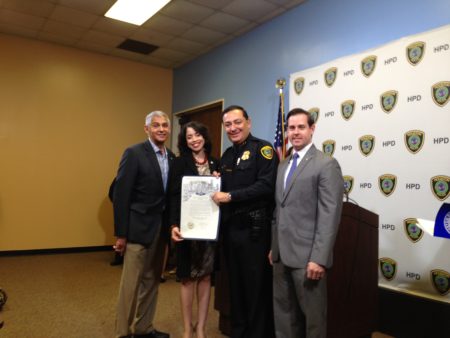 Houston City Council Member Robert Gallegos, Houston City Council Member Amanda Edwards, HPD Chief Art Acevedo and City of Houston’s Controller Chris Brown, show the City’s Proclamation for the 2017 edition of the March on Crime. During the press conference to announce the priorities for this year’s initiative, Acevedo said he wants HPD to implement a more data driven policing model.