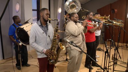 The New Orleans Hustlers Brass Band performs in the Geary Studio