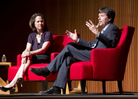 Documentary filmmakers, Ken Burns, right, and Lynn Novick, discuss their film on the Vietnam War during "A Conversation With Documentary Filmmakers," at The Vietnam War Summit held at the LBJ Presidential Library Wednesday, April 27, 2016, in Austin, Texas. Burns and Novick's PBS series, "The Vietnam War," is scheduled to debut in 2017. (AP Photo/Nick Ut)