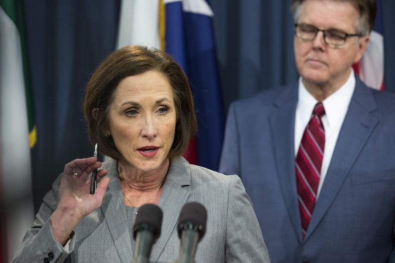 State Sen. Lois Kolkhorst and Lt. Gov. Dan Patrick unveil the text of Senate Bill 6, which would require transgender people to use bathrooms in public schools, government buildings and universities based on 