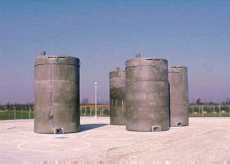 An example of spent nuclear fuel stored in dry casks at a nuclear power plant.