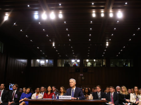 Neil Gorsuch takes part in a Senate Judiciary Committee confirmation hearing as US President Donald Trump's nominee for the Supreme Court on Capitol Hill in Washington, D.C. on Monday
