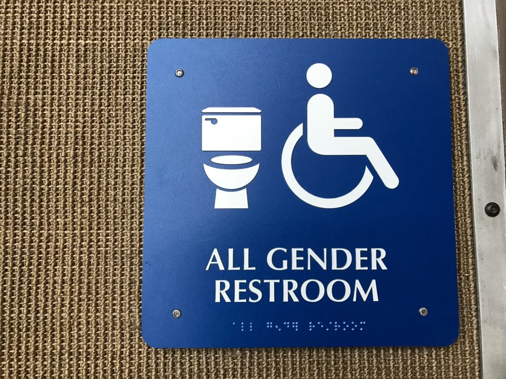 Gender-neutral bathroom sign at the Austin-Bergstrom Airport in Austin.
