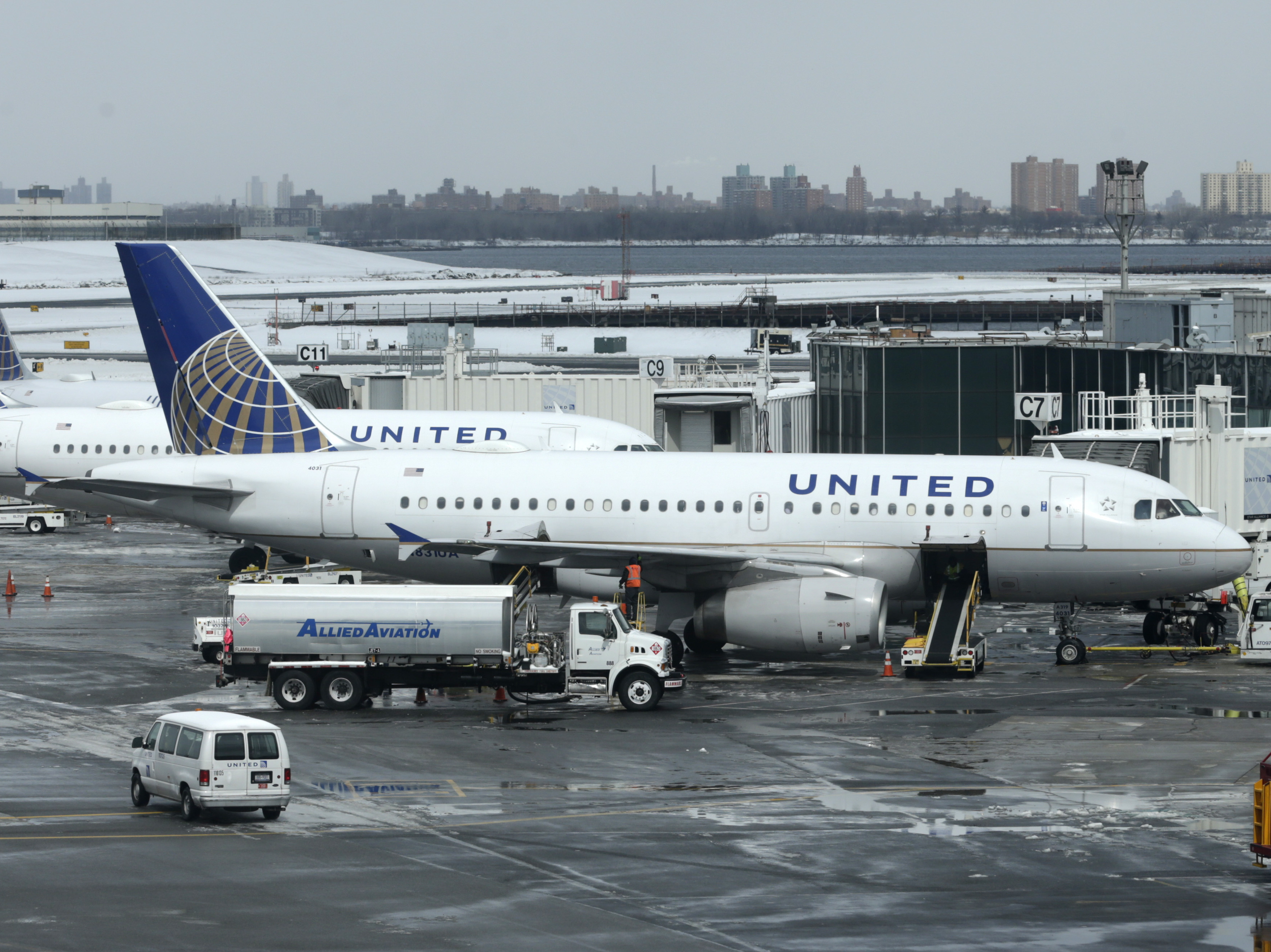 United Airlines airplanes sit on the tarmac March 15 at LaGuardia Airport in New York. The company is struggling with the public relations fallout from its violent removal of one of its passengers.