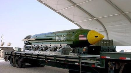 A photo provided by Eglin Air Force Base shows the GBU-43B Massive Ordnance Air Blast bomb. The Pentagon says U.S. forces in Afghanistan dropped the military's most powerful non-nuclear bomb on an Islamic State target on Thursday, the first-ever combat use of the weapon