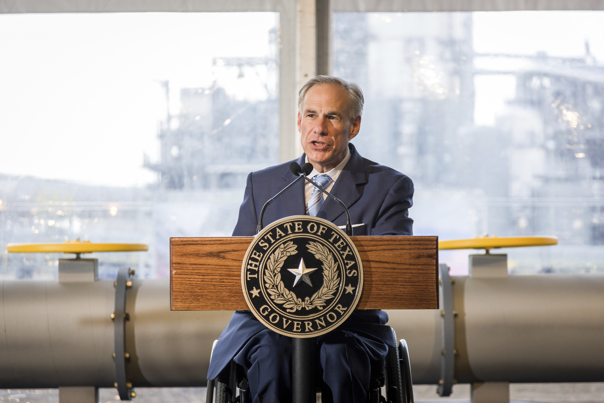 Texas Gov. Greg Abbott speaks at the valve turning ceremony for the Petra Nova carbon capture and enhanced oil recovery system on Thursday, April 13, 2017, in Fort Bend County, southwest of Houston. 
