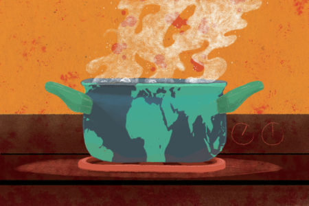 Climate change earth, boiling pot of water