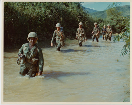 On October 10-11 1966, elements of the 1st Cavalry Division airmobile take part in Operation Irving against the Vietcong in the Phu My Province, Approx 40 kilometers northeast of An Khe. Members of A Company 1st Battalion, 8th Cavalry, 1st Brigade,advance thru rice paddies in their search for the Vietcong. October 10-11, 1966