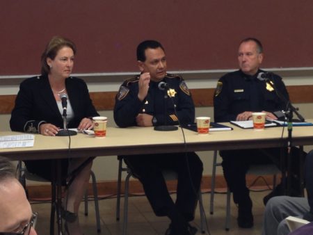 Harris County District Attorney Kim Ogg, Harris County Sheriff Ed Gonzalez and W.R. Dobbins, Assistant Chief at the Criminal Investigations Command of the Houston Police Department participated in a forum about hate crimes and other topics organized by the Anti-Defamation League in Houston.