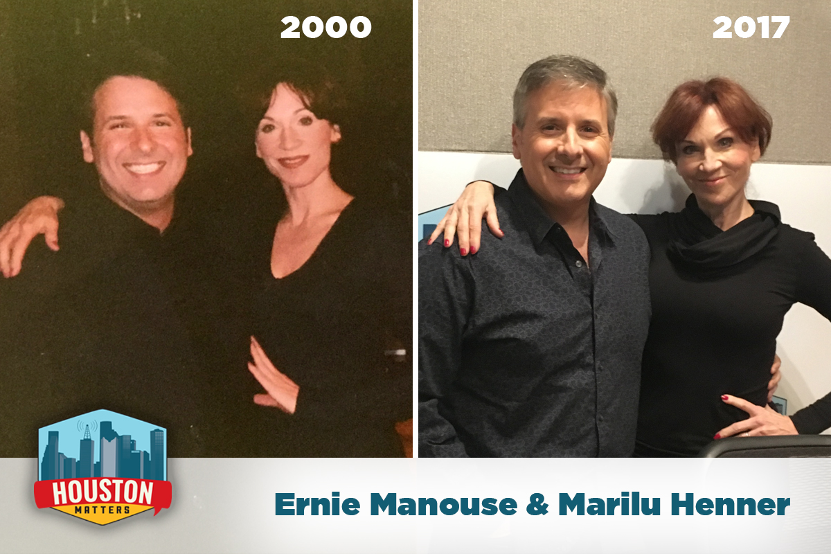 Houston Public Media's Ernie Manouse posing with actress Marilu Henner before an interview in 2000 and again in 2017.