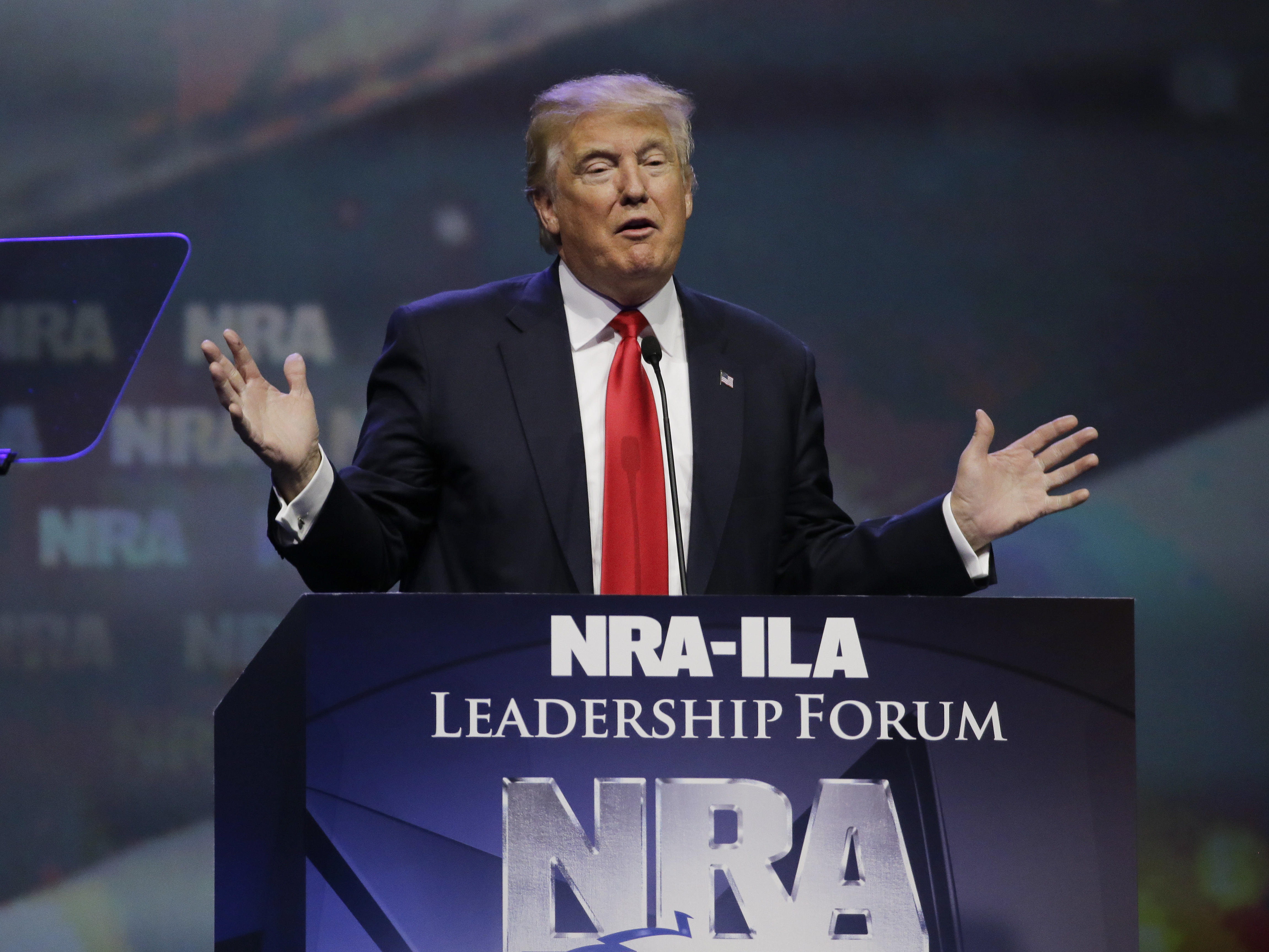 Then-Republican presidential candidate Donald Trump speaks at the National Rifle Association's 2016 convention in Louisville, Ky.
