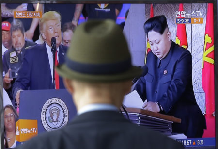 A TV screen shows images of the U.S. President Donald Trump, left, and North Korean leader Kim Jong Un during a news program at the Seoul Railway Station in Seoul, South Korea, Tuesday, May 2, 2017. South Koreans are bewildered by President Donald Trumpâ€™s recent use of the term â€œsmart cookieâ€ to refer to current leader Kim Jong Un, and by Trumpâ€™s assertion that heâ€™d be â€œhonoredâ€ by a possible meeting. (AP Photo/Ahn Young-joon)