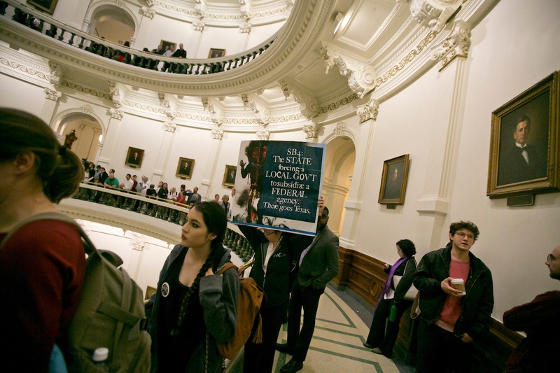 Crowds gathered inside the Texas Capitol when SB 4, the sanctuary cities bill, was considered in the Senate State Affairs Committee on Feb. 2, 2017