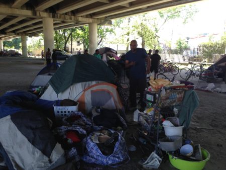 The homeless encampment located at the intersection of Highway 59 and Caroline Street is one of the biggest in Houston, but one of the main goals of the ordinance that went into effect on May 12th 2017 is to clean it up.