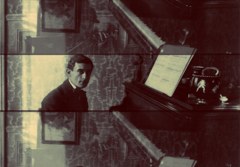 Portrait of Maurice Ravel at the piano in 1914.