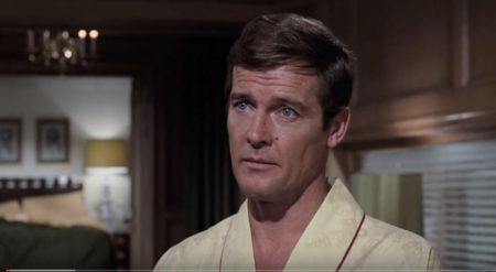 Roger Moore in  one of the seven James Bond movies that he performed.