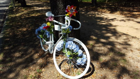 Ghost Bike in memory of Rice University professor Marjorie Corcoran, who was hit by a train while riding her bike near campus.