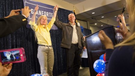 Republican Greg Gianforte celebrates with supporters after being declared the winner of Montana's special House election, on Thursday at the Hilton Garden Inn in Bozeman, Mont.