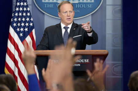 White House press secretary Sean Spicer calls on a member of the media during the daily press briefing at the White House on Tuesday.