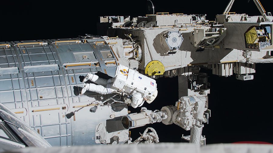 NASA astronaut Jack Fischer worked to install wireless antennas outside the Destiny lab. The spacewalk's main purpose was to replace a failed data relay box. (Photo: courtesy- nasa.gov) 