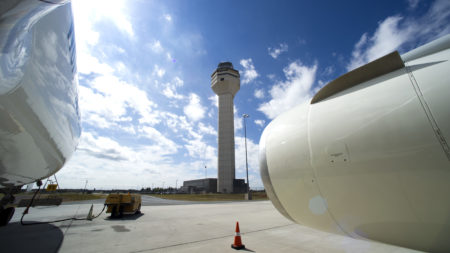 The Dulles International Airport Air Traffic Control tower.