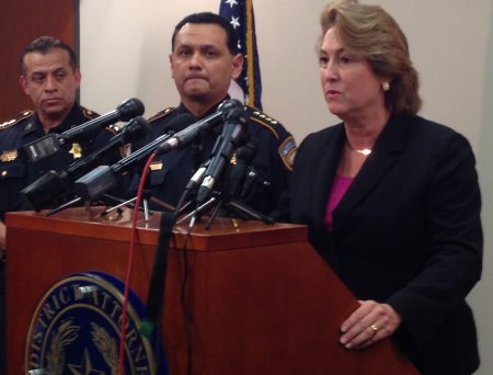 Harris County District Attorney Kim Ogg (first from the right) announced at a press conference that the grand jury selected for the John Hernandez case issued an indictment of murder for Terry and Shauna Thompson. Harris County Sheriff Ed Gonzalez (second from the right) also attended the press conference.