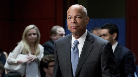 Former Department of Homeland Security Secretary Jeh Johnson arrives to testify before the House Intelligence Committee on Wednesday.
