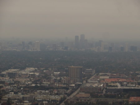 The Houston skyline on a hazy day in 2015.