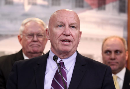 Rep. Kevin Brady, R-Texas, center, flanked by Rep. Joe Pitts, R-Pa., left, and Rep. Steve Scalise, R-La., speaks to reporters on Capitol Hill in Washington, Tuesday, March 25, (AP Photo/Lauren Victoria Burke)