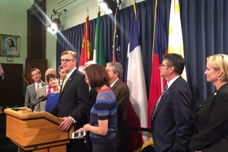 Lt. Gov. Dan Patrick holds a press conference outside Senate chambers two hours after House Speaker Joe Straus told reporters the House declines to negotiate with the Senate on its proposed compromise on a “bathroom bill.”