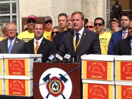 HPFFA president Patrick 'Marty' Lancton at the podium at Houston Fire Department press conference Monday morning, July 17, 2017.