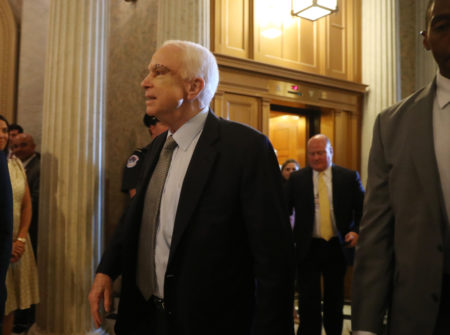 Sen. John McCain, R-Ariz. arrives on Capitol Hill in Washington, Tuesday, July 25, 2017, as the Senate was to vote on moving head on health care with the goal of erasing much of Barack Obama's law.