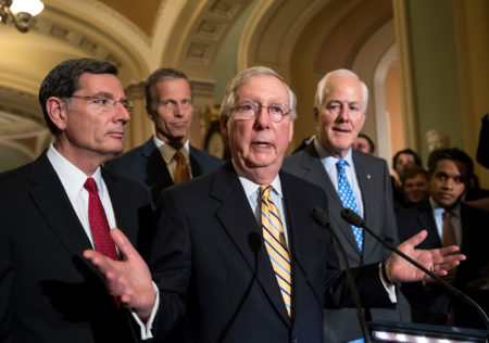 Senate Majority Leader Mitch McConnell, R-Ky., joined by (from left) Sen. John Barrasso, R-Wyo., Sen. John Thune, R-S.D., and Senate Majority Whip John Cornyn of Texas, discussed health care overhaul with reporters on Capitol Hill Tuesday.