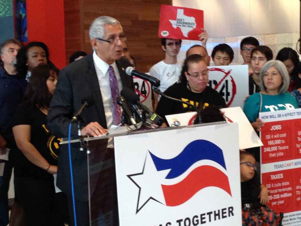 Houston City Council Member Robert Gallegos speaks at a press conference urging Texas lawmakers to repeal SB4