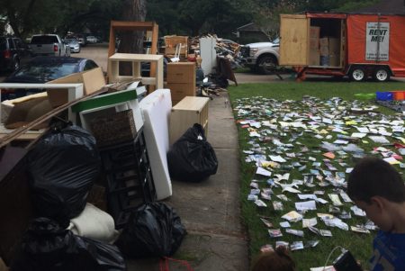 Ruined furniture and items pile up outside Meyerland homes after flooding from Tropical Storm Harvey.