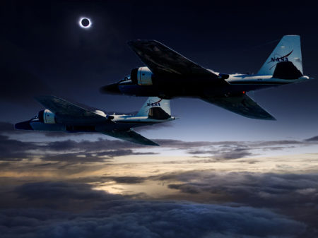 A NASA illustration showing twin WB-57F research planes tracking the eclipse over North America.