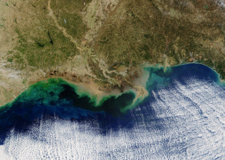 The teal blue area along the Louisiana coastline represents a "dead zone" of oxygen-depleted water. Resulting from nitrogen and phosphorus pollution in the Mississippi River, it can potentially hurt fisheries.