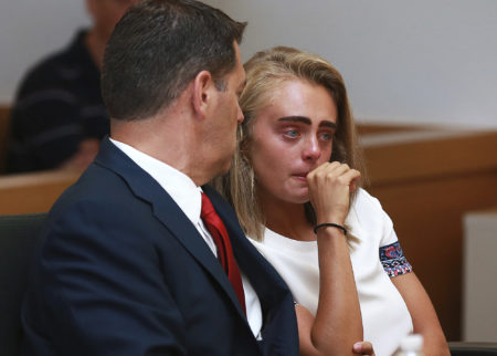 Michelle Carter awaits her sentencing in a courtoom in Taunton, Mass., Thursday, Aug. 3, 2017, for involuntary manslaughter for encouraging Conrad Roy III to kill himself in July 2014. (Matt West/The Boston Herald via AP, Pool)