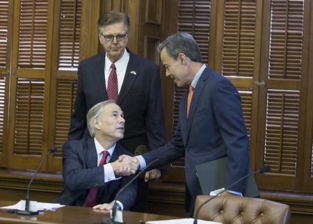 The three leaders of Texas make nice at a short Cash Management Committee meeting in the Betty King Room of the Texas Capitol on July 18, 2017, the first day of the special session.
