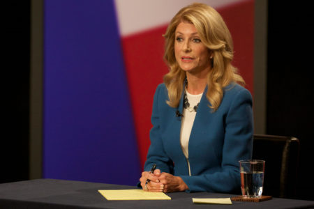 Texas State Senator Wendy Davis, Democratic candidate, answers the first question during the final gubernatorial debate with Texas Attorney General Greg Abbott, Republican candidate, in a KERA-TV studio in Dallas Tuesday September 30, 2014.